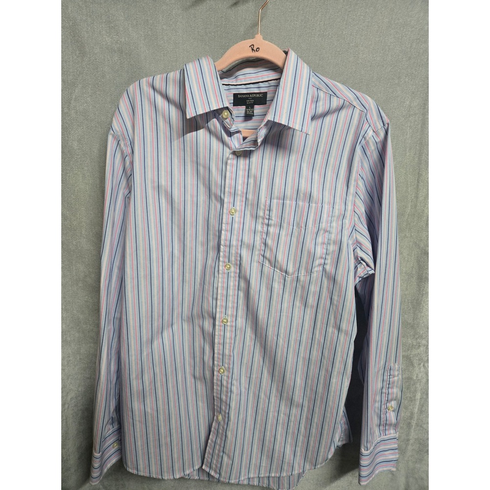 Banana Republic Mens Non Iron Slim Fit Dress Shirt Blue Pink Striped L 16-16.5